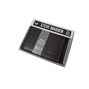 Steve Madden Mens Black Genuine Leather RFID Blocking Passcase Bifold Wallet NIB